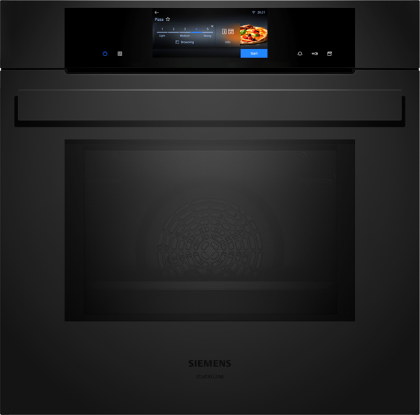 Frontansicht eines minimalistischen, schwarzen Siemens studioLine Backofens mit aktivem Farbdisplay.