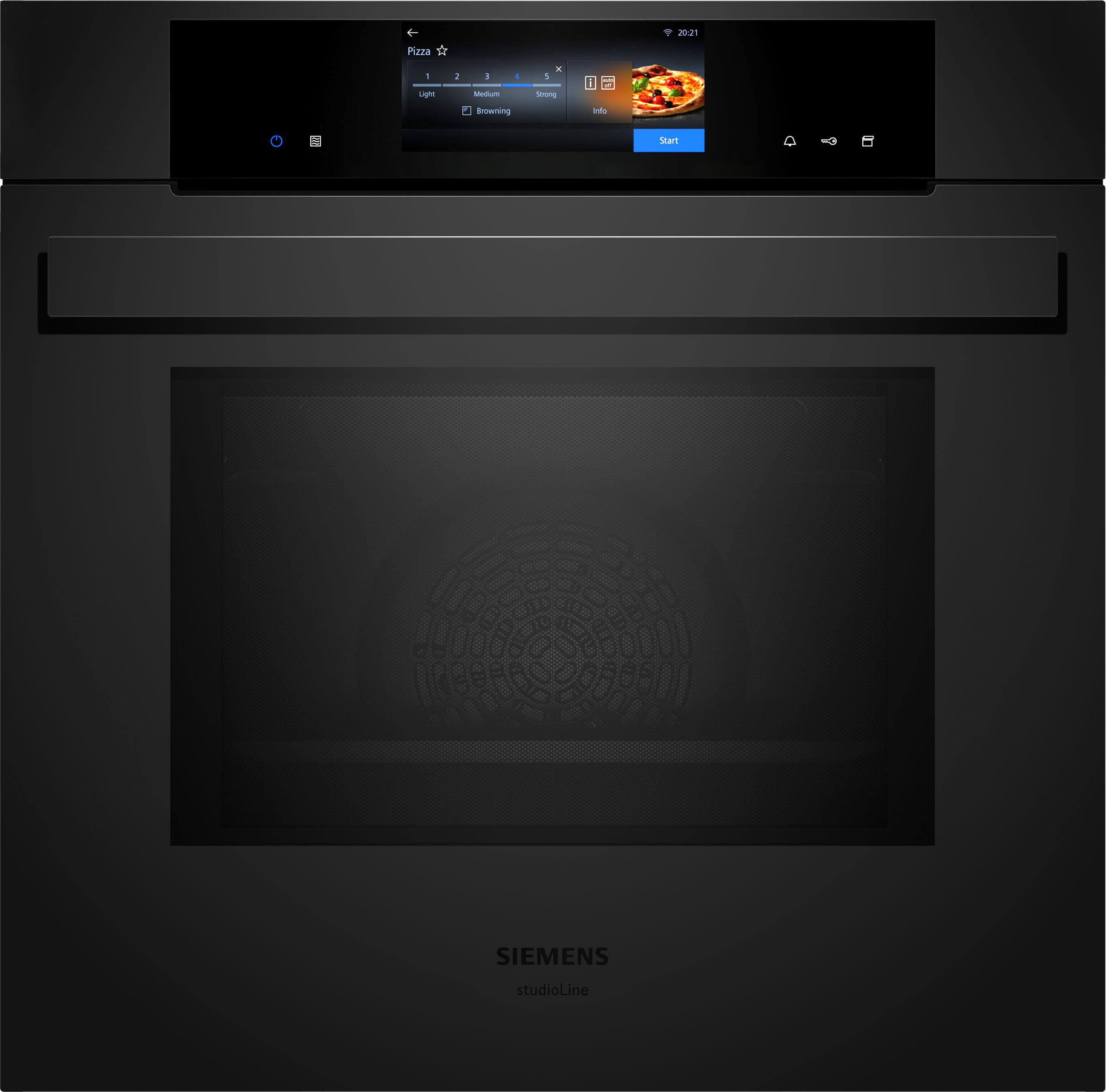 Frontansicht eines minimalistischen, schwarzen Siemens studioLine Backofens mit aktivem Farbdisplay.