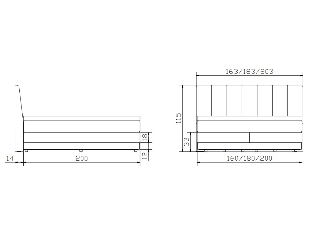 Zwei schematische Zeichnungen, die verschiedene Maße eines Boxspringbetts mit vertikal gestepptem Kopfteil darstellen, einschließlich der Höhe, Länge und Breite.
