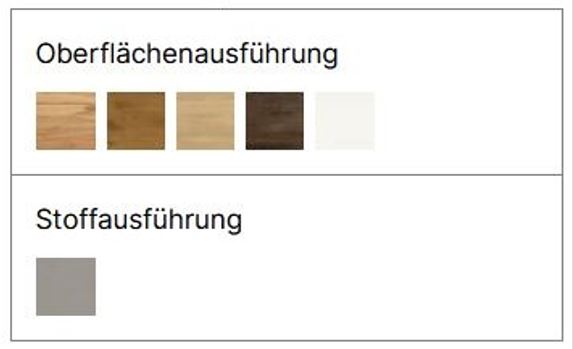 Eine Übersicht der verfügbaren Farb- und Stoffausführungen für das Hasena Fanano Bett. Fünf Holz- oder Lackoberflächen sind zu sehen (von hell bis dunkelbraun und weiß) sowie ein grauer Stoff für das Kopfteil.