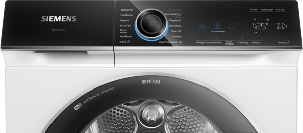 Detailansicht einer Siemens Waschmaschine mit iQ700-Technologie und modernem Bedienfeld