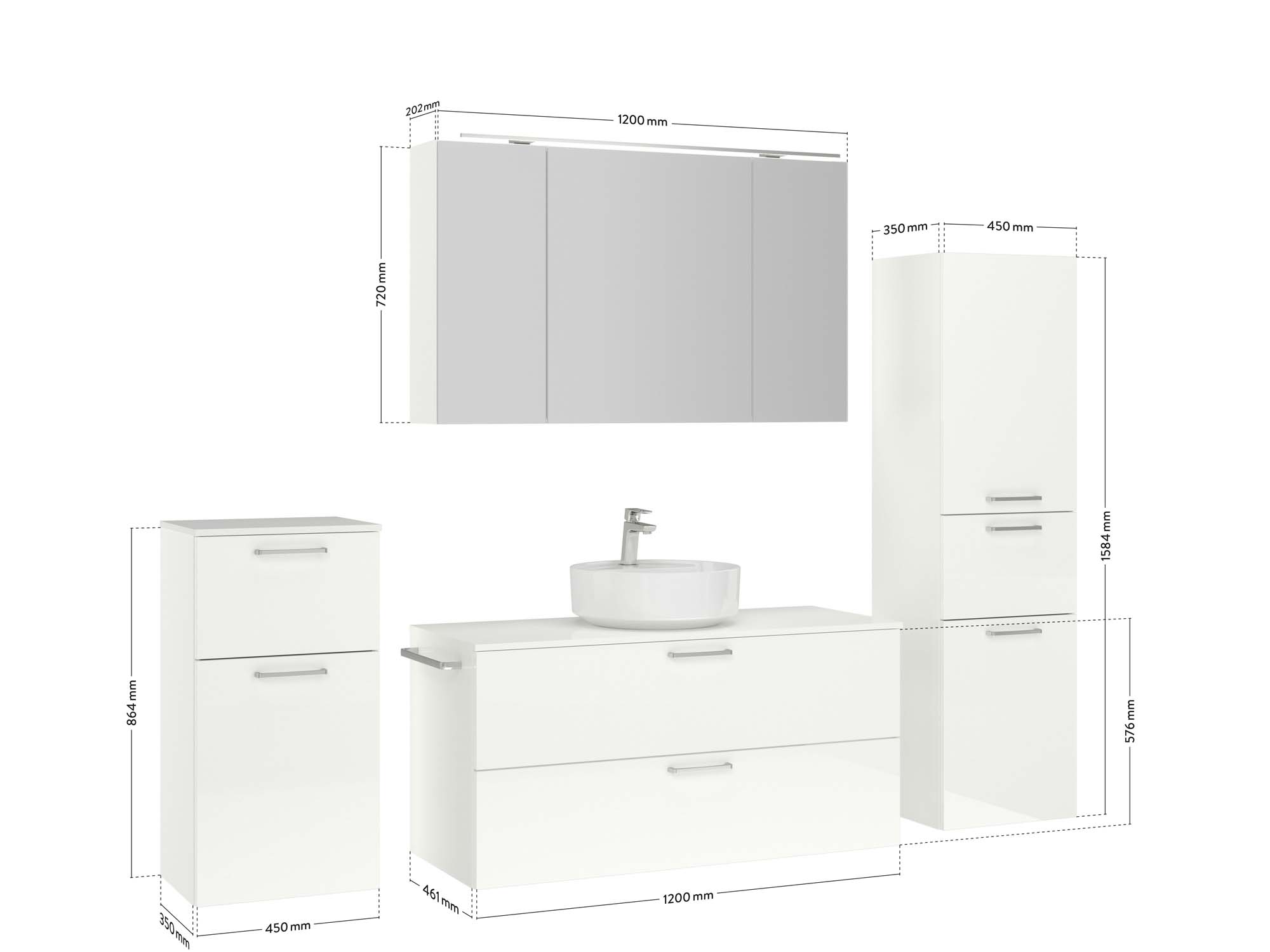 Badezimmermöbel-Set 3 Schränke weiß mit Waschtisch und Spiegelschrank Maßzeichnung nobilia