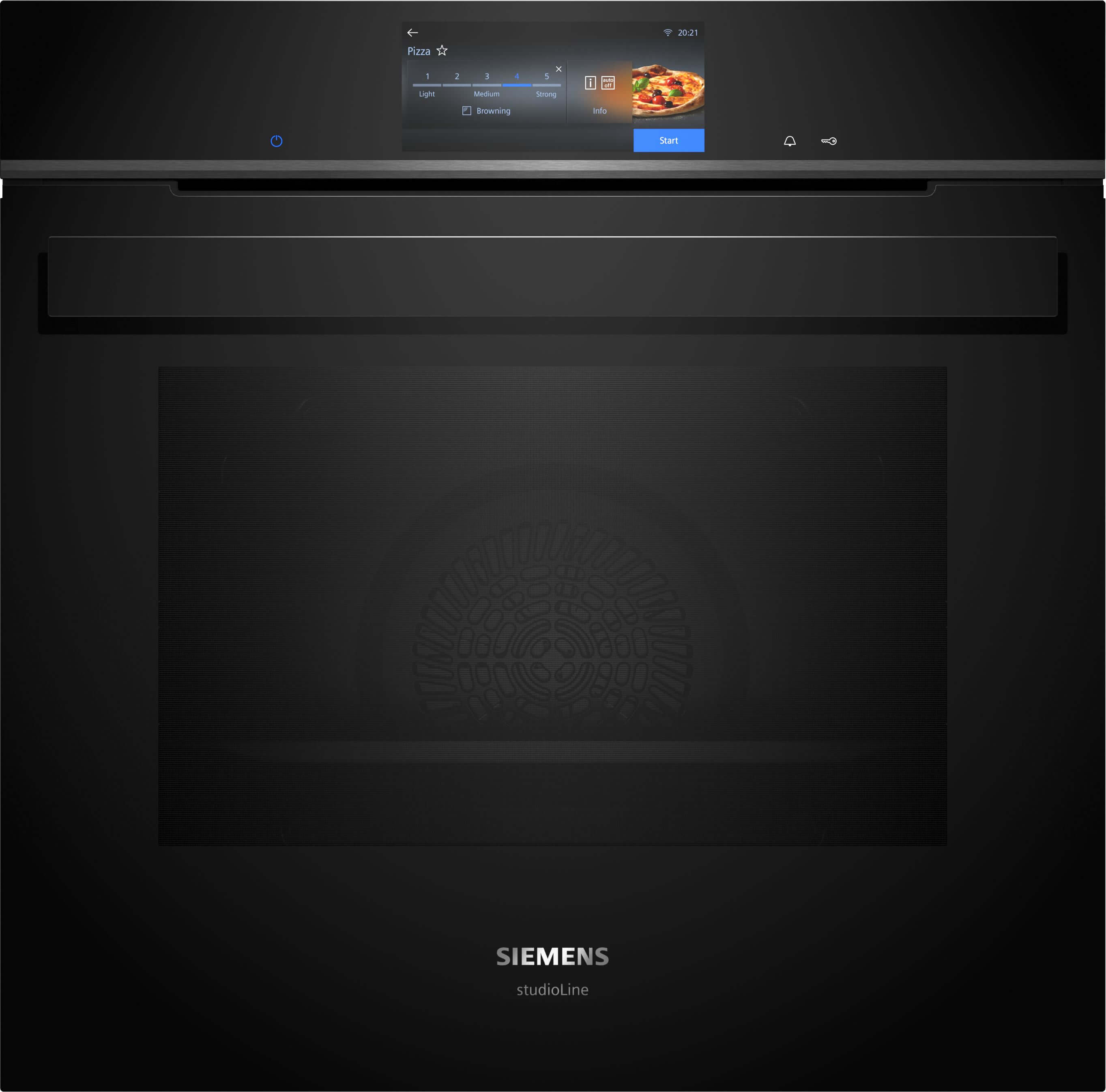Frontalansicht des geschlossenen Siemens studioLine Einbaubackofens in Schwarz mit beleuchtetem Touch-Display und programmierter Pizzasteuerung.