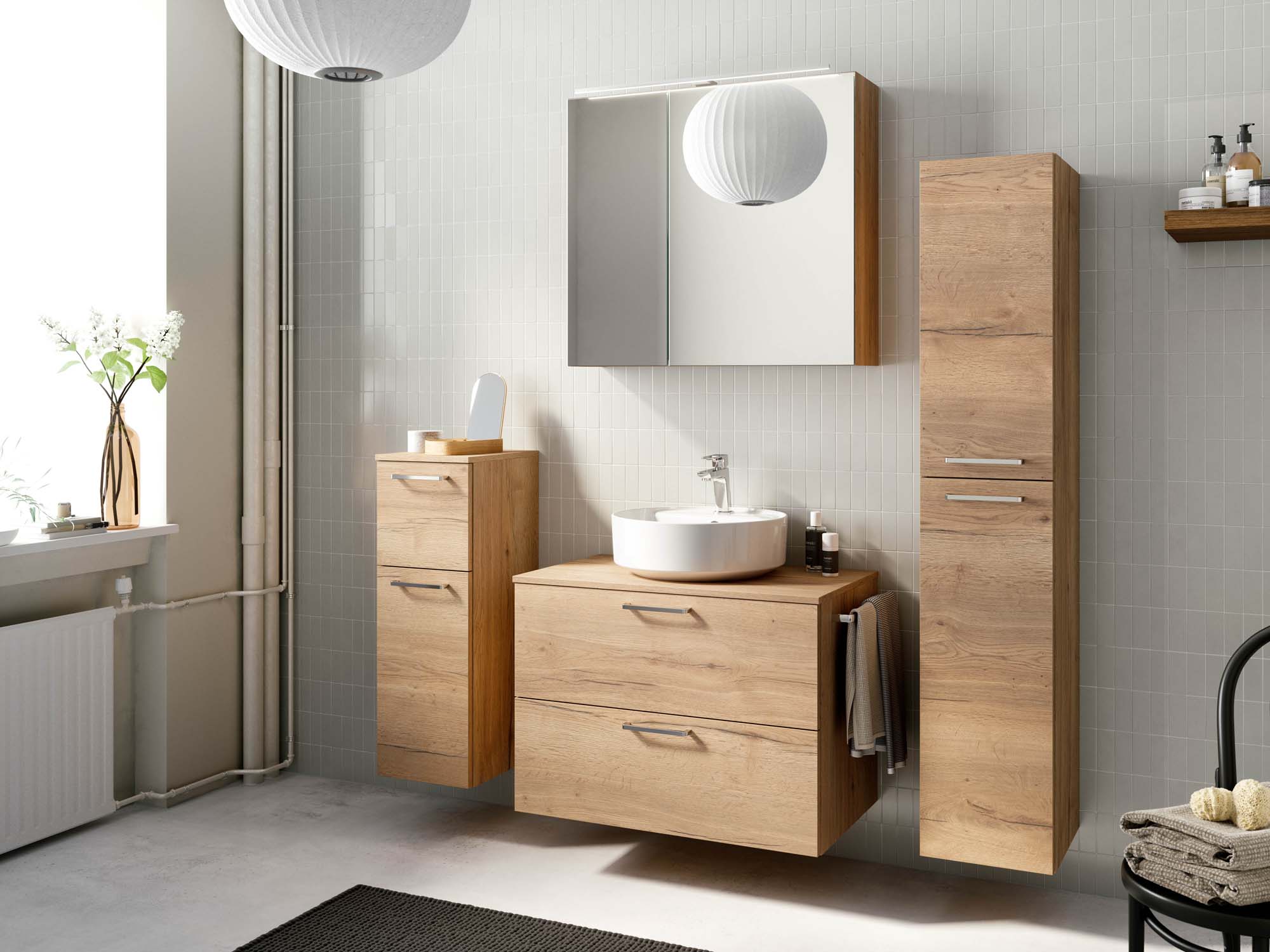 Badezimmermöbel-Set 3 Schränke braun mit Waschtisch und Spiegelschrank nobilia