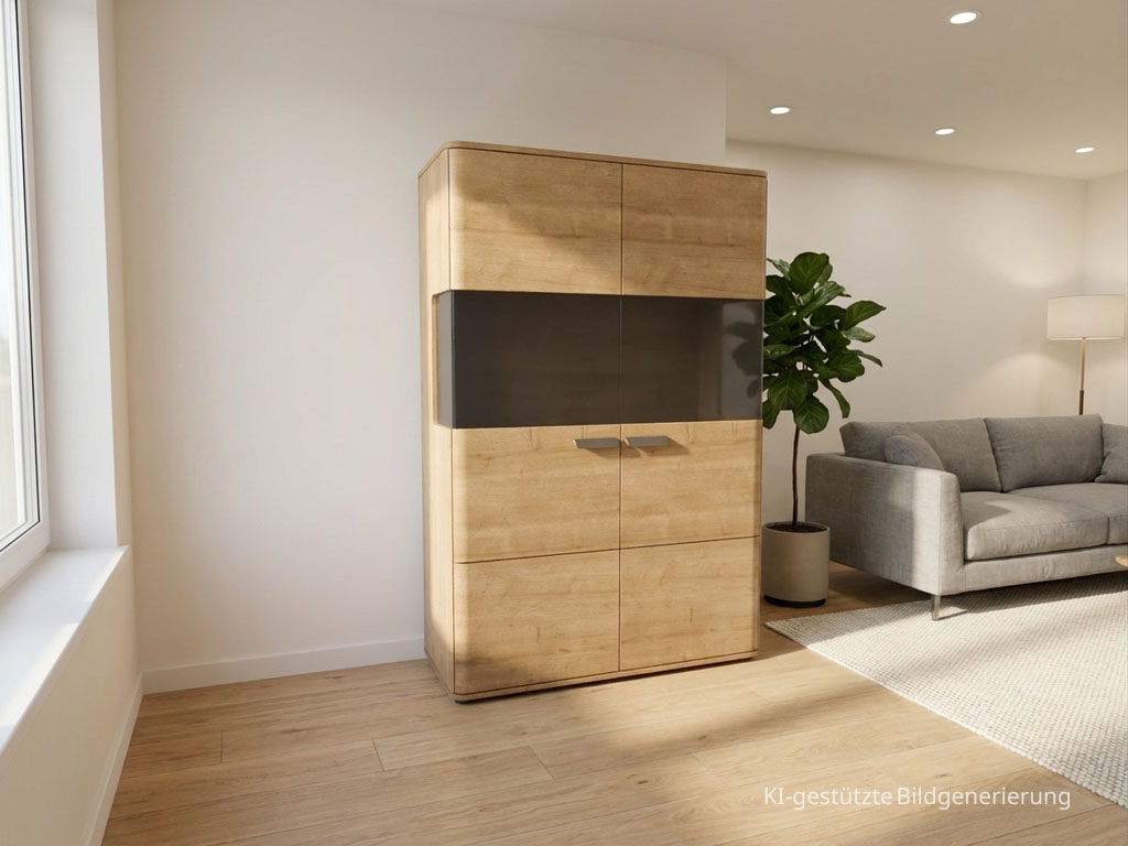 Modernes braunes Highboards mit markanten Griffen stilvoll dekoriert in einem modernen Zimmer, Bild KI generiert