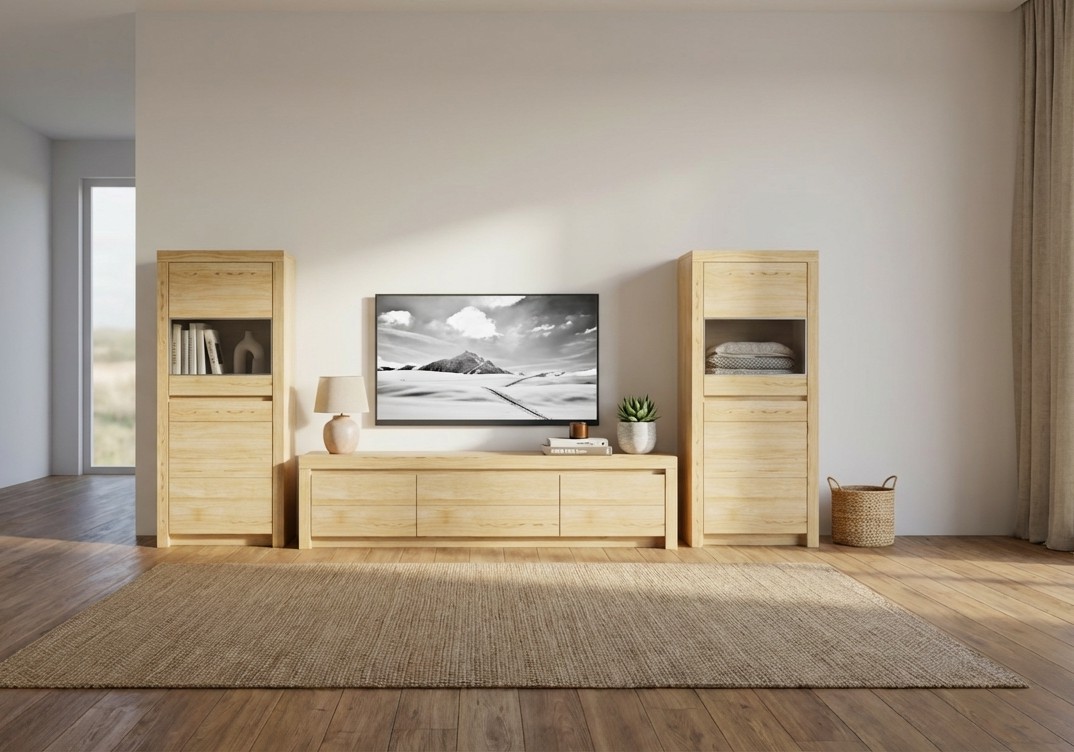 Braune Wohnwand mit zwei hohen Schränken und einem Lowboard stilvoll dekoriert in einem modernen Raum