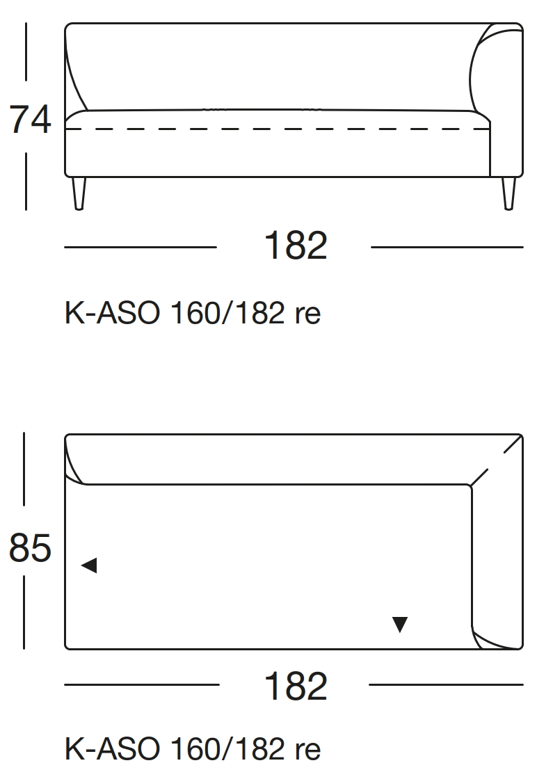 Maßzeichnung eines Sofaelements vor weißem Hintergrund freistil Rolf Benz 160