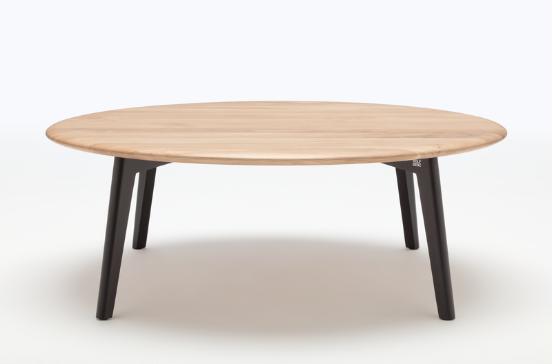 Rolf Benz 910 - Couchtisch Moderner runder Holztisch mit natürlichen Holzmaserungen und stabilen schwarzen Metallbeinen. Perfekt für Esszimmer und Wohnzimmer.