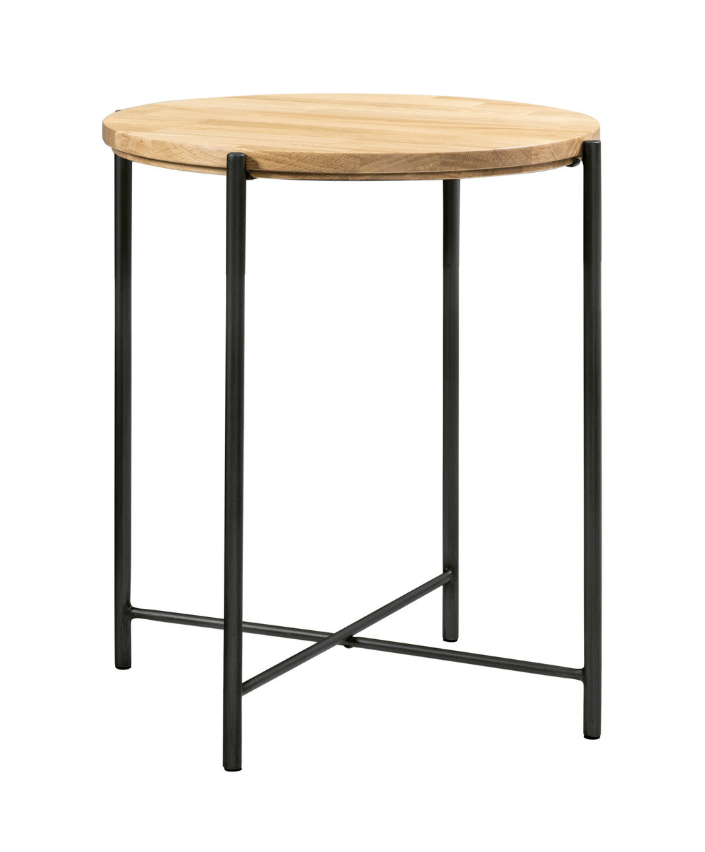 Kleiner brauner beistelltisch mit runder platte auf einem vierfüßigen metallgestell in grau vor weißem hintergrund nali von hasena