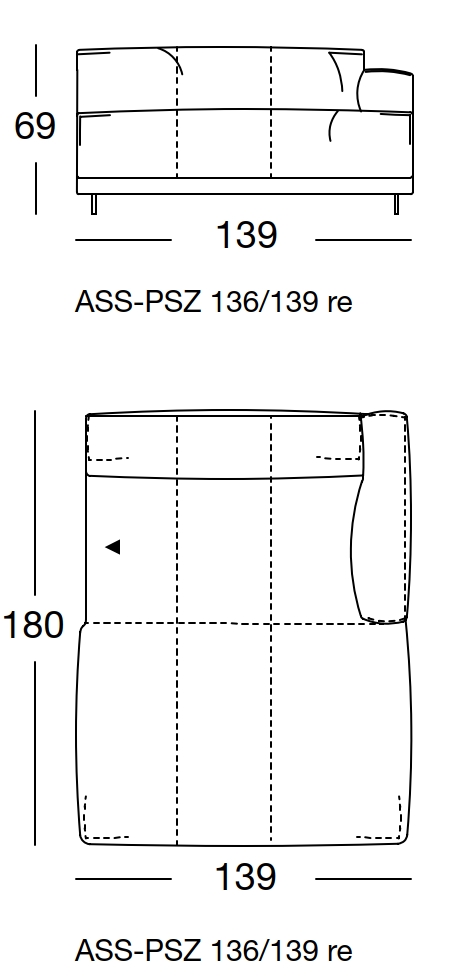 Maßzeichnung eines Sofaelements vor weißem Hintergrund freistil Rolf Benz 136
