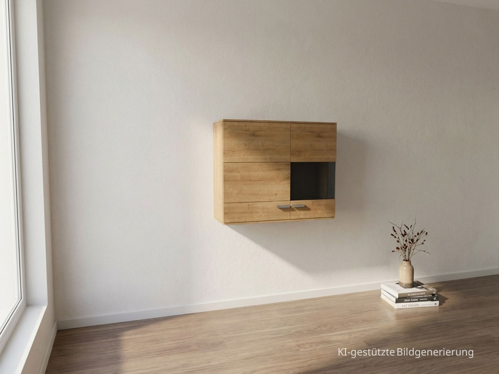 Moderne braune Hängevitrine mit markantem Griff stilvoll dekoriert in einem modernen Zimmer, Bild KI generiert