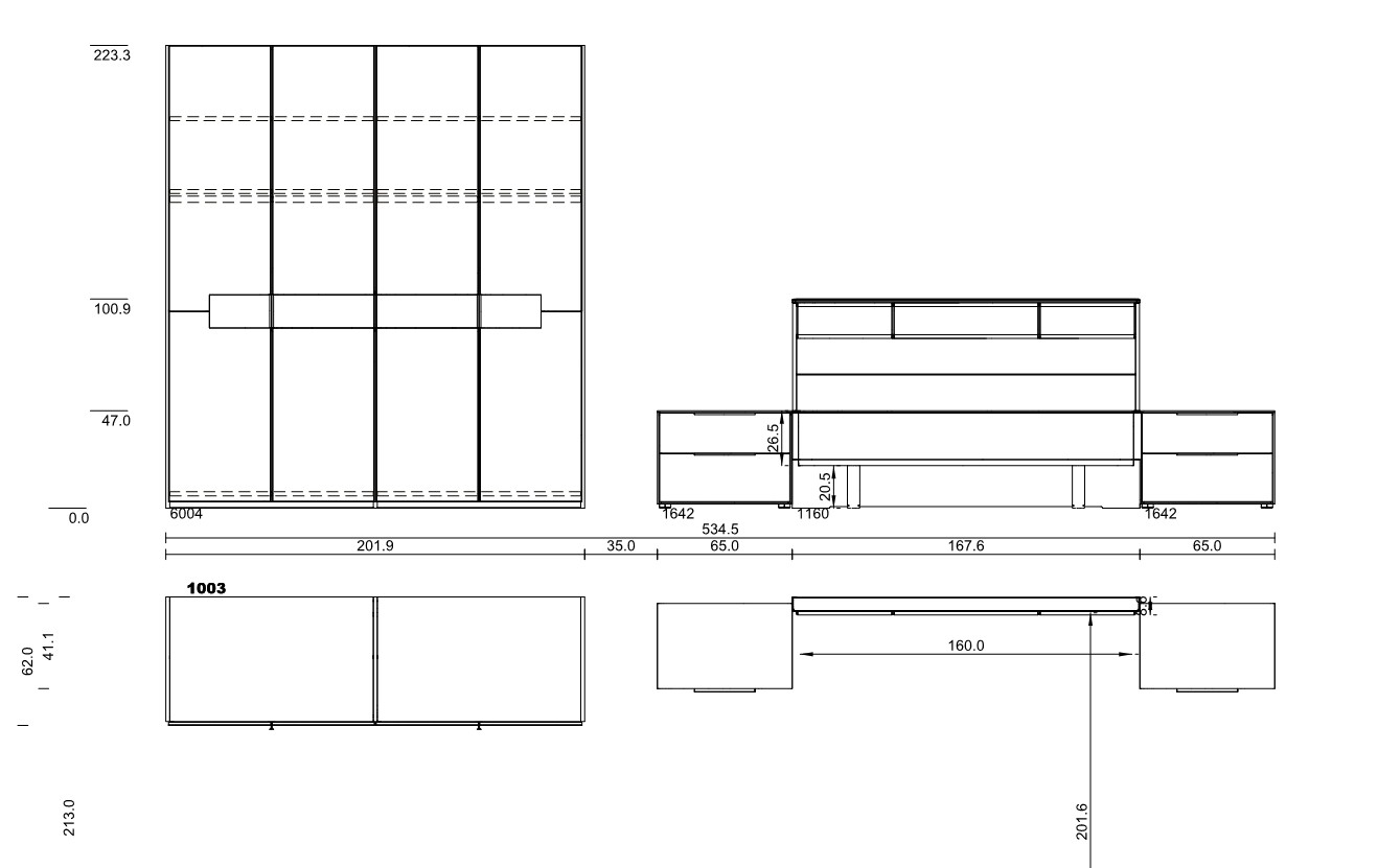 Maßzeichnung eines viertürigen Schrankes und einem Bett mit Nachtschränken vor weißem Hintergrund