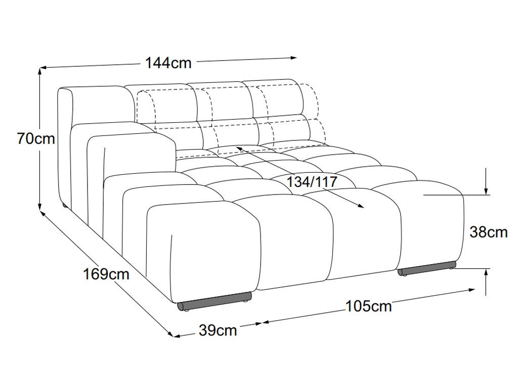designwerk Temple - Recamiere Armteil links | B: 144 cm | mit Rückenverstellung | D021134 Maßzeichnung eines Sofaelements vor weißem Hintergrund designwerk Temple
