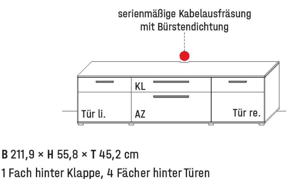 Illustration eines Lowboards mit Maßangabe und Bezeichnung vor weißem Hintergrund