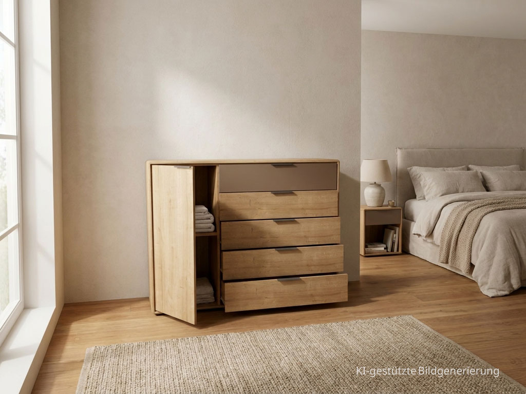 Moderne braune Kommode mit einer Tür und fünf Schubladen stilvoll dekoriert in einem modernen Zimmer, Bild KI generiert