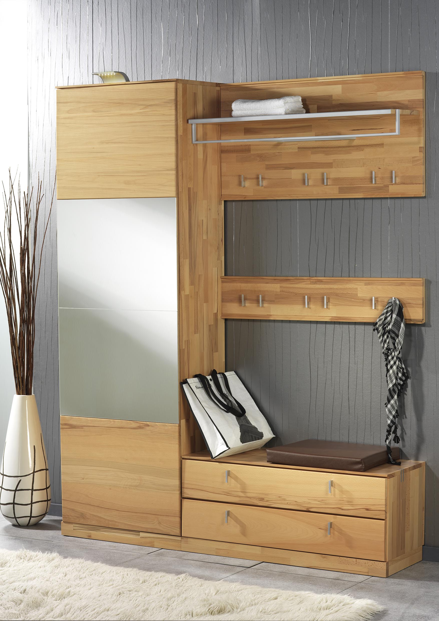 Bienenmühle Vado - Garderoben-Set, 4-teilig | Vorschlag 7 | Kernbuche massiv Holzgarderobe mit Spiegel, Sitzbank, Haken und Regal in modernem Design