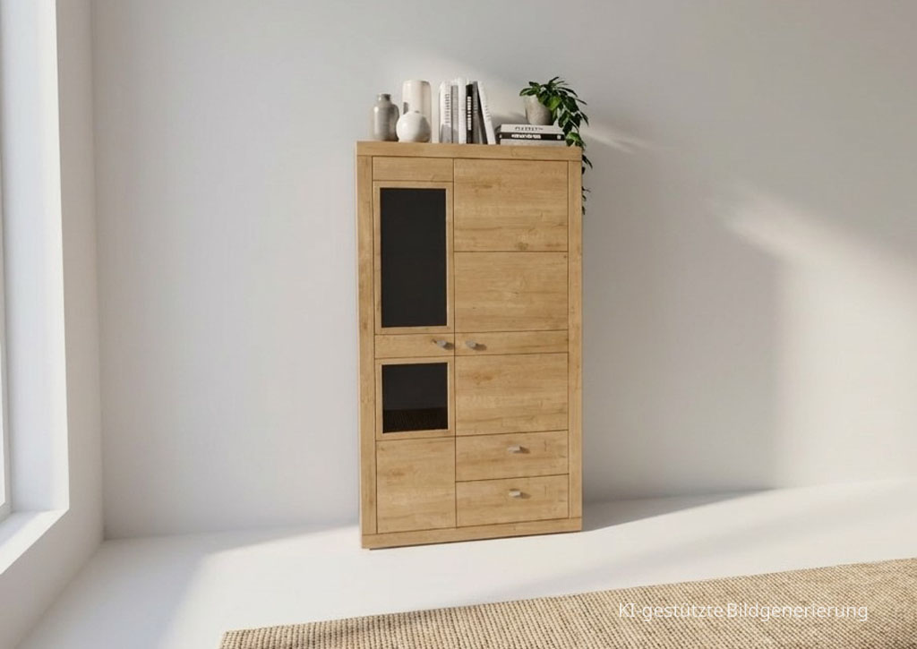 moderner brauner Schrank stilvoll dekoriert in einem hellen Raum, Bild KI generiert