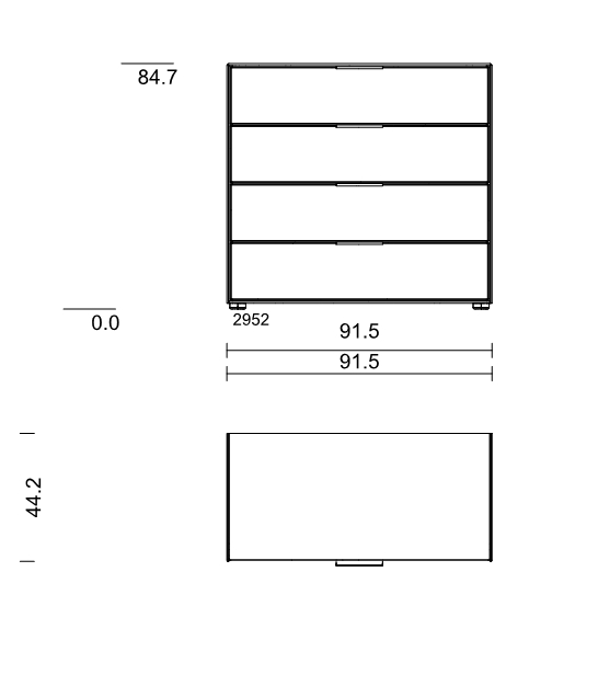 Dreischublige Kommode in technischer Zeichnung mit Maßen 91,5 cm Breite, 84,7 cm Höhe und 44,2 cm Tiefe
