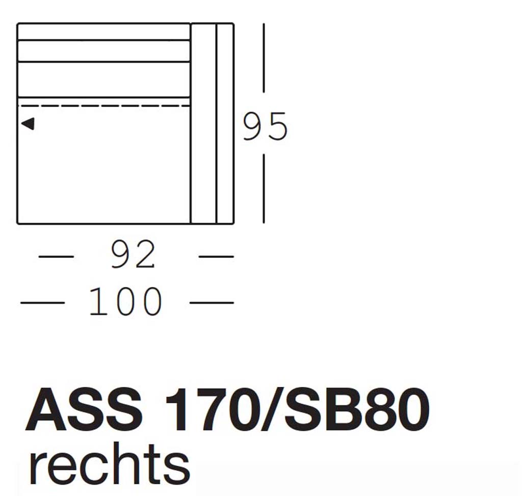 Maßzeichnung eines Sofaelements vor weißem Hintergrund freistil Rolf Benz 170