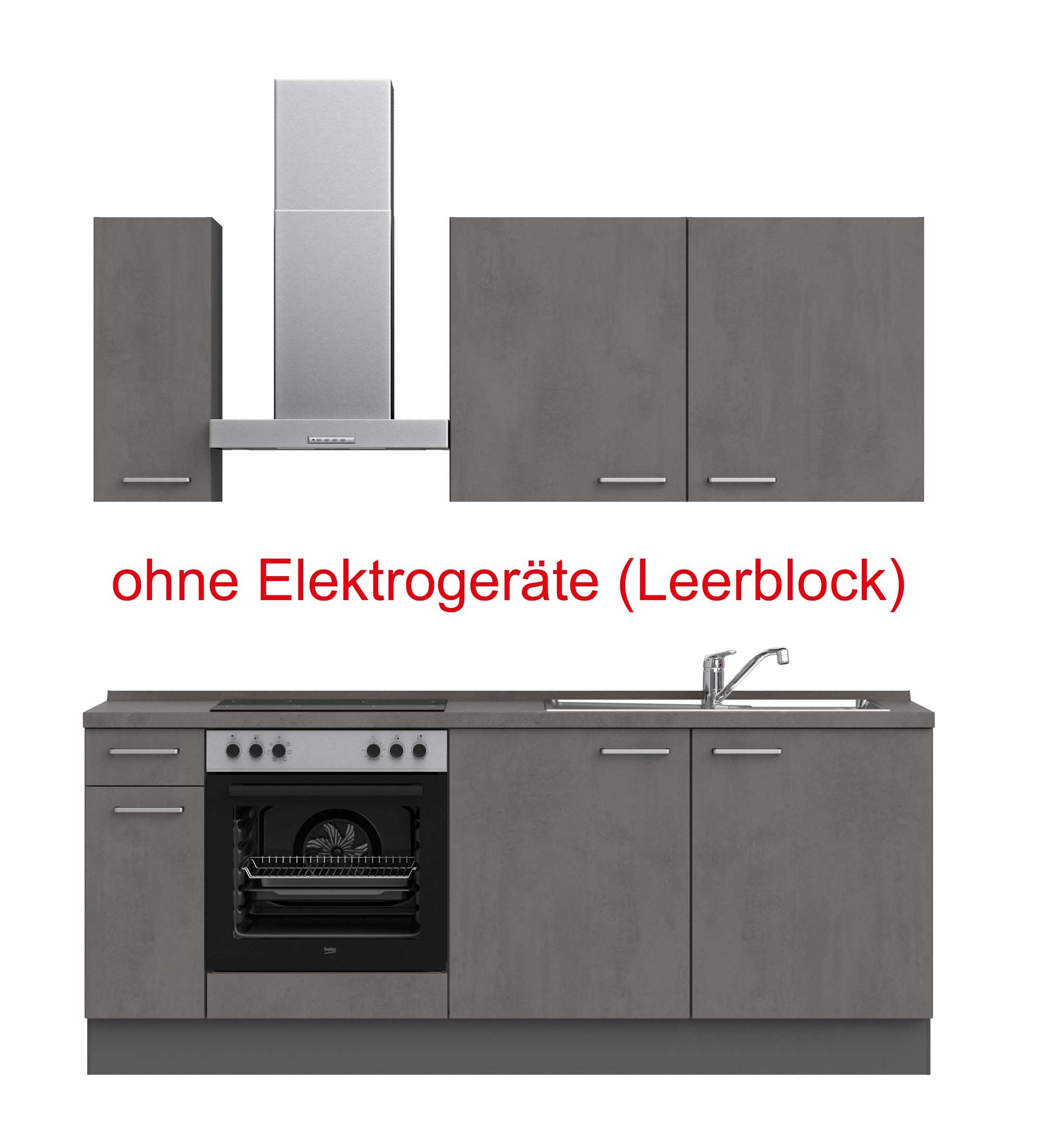 küchenzeile grau mit Backofen, Herd, Dunstabzugshaube, Waschbecken, Armatur mit Hinweistext ohne Elektrogeräte (Leerblock) nobilia riva