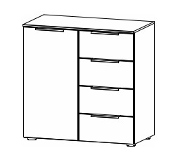 Illustration einer Kommode mit einer Tür und vier Schubladen vor weißem Hintergrund