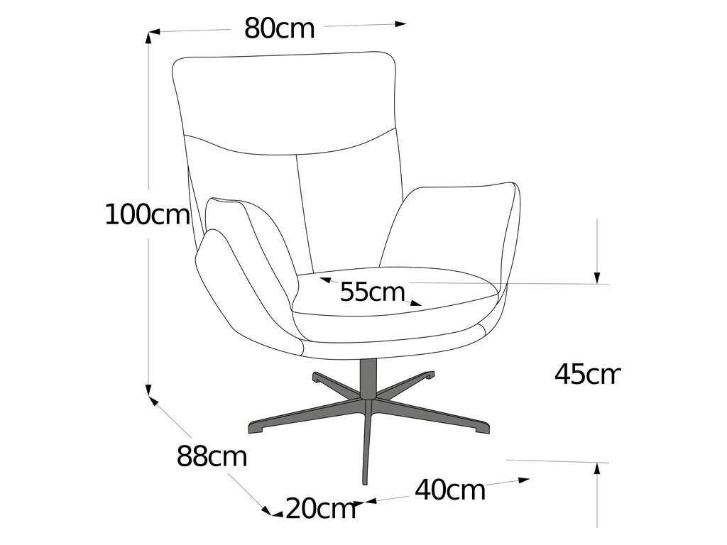 Illustration eines Sessels mit den Maßen: Höhe 100 cm, Breite 80 cm, Tiefe 88 cm, Sitzhöhe 45 cm, Sitzbreite 55 cm, und Beinlänge 20-40 cm.