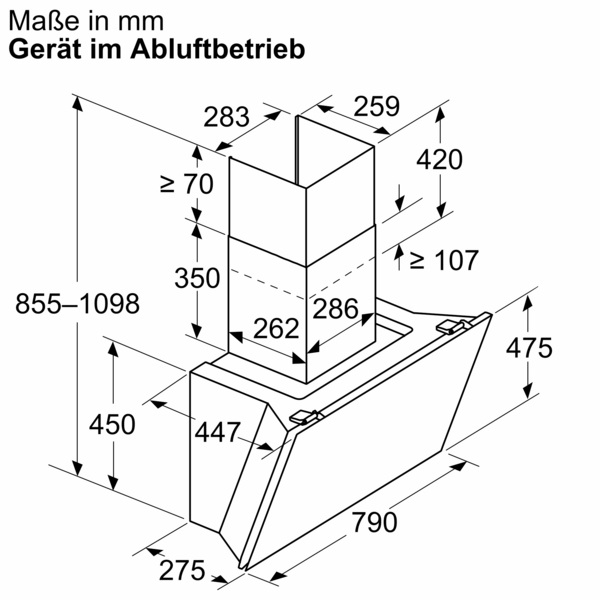 Maßzeichnung einer Dunstabzugshaube mit detaillierten Abmessungen in Millimetern im Abluftbetrieb