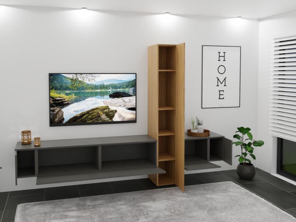 Stilvolles Wohnzimmer mit modernem Wandregal, Holzschrank, Wandbild mit Naturmotiv, Pflanzen und Dekorationen