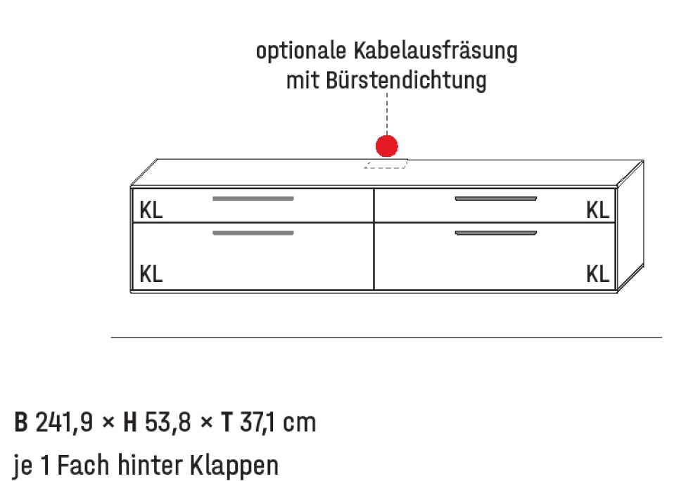 Illustration eines Lowboards mit Maßangabe und Bezeichnung vor weißem Hintergrund