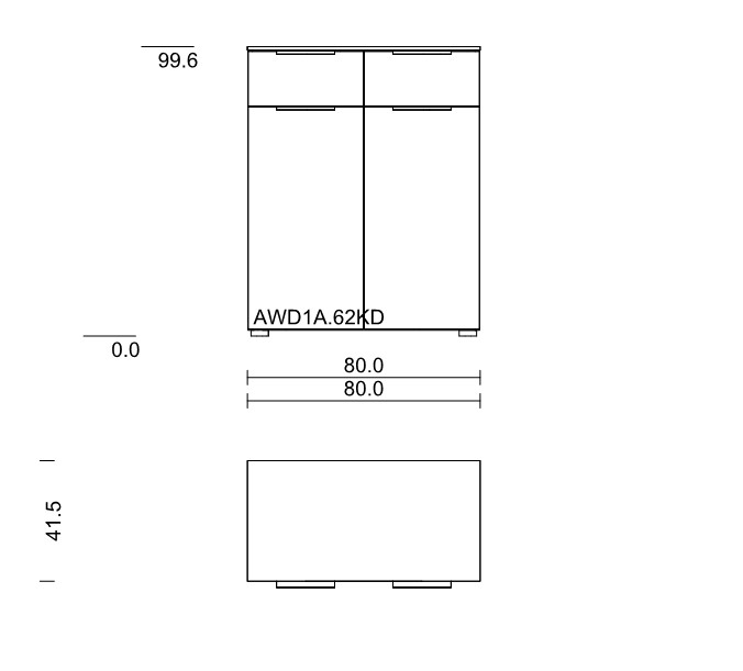 Maßzeichnung einer Kommode mit zwei Schubladen und zwei Türen vor weißem Hintergrund