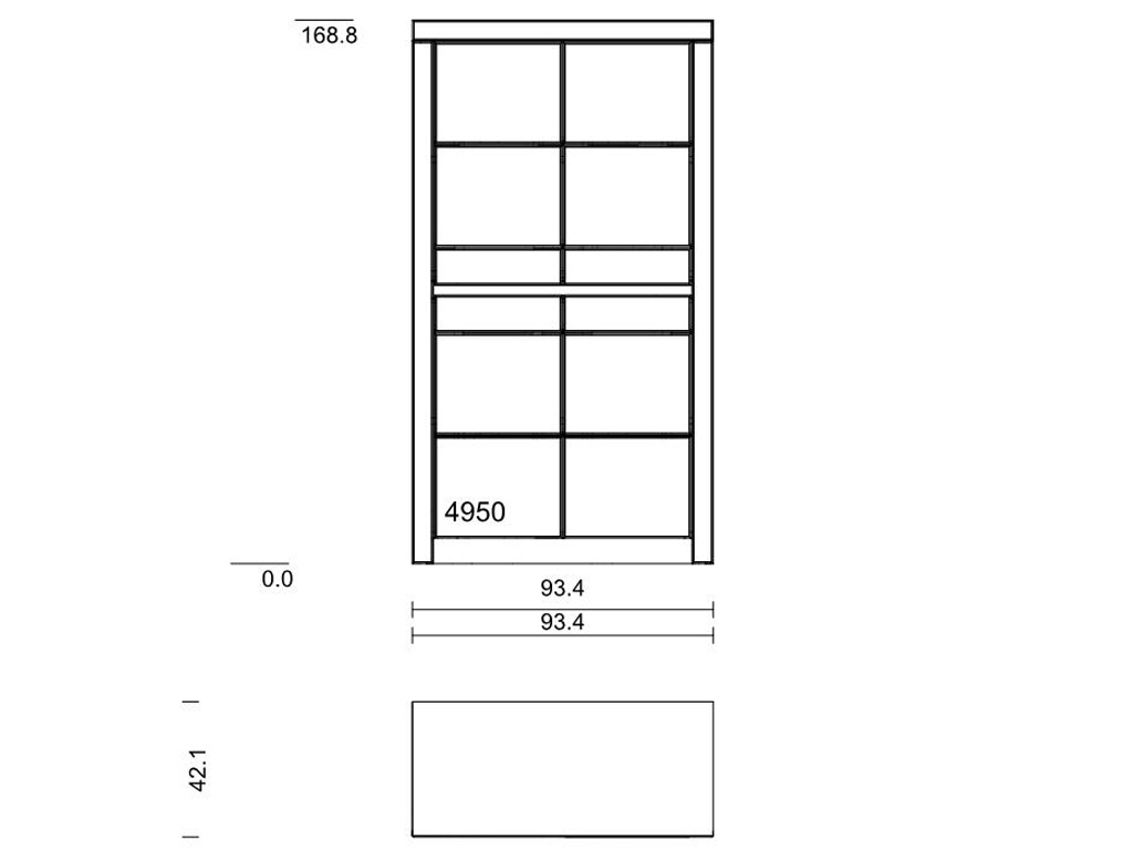 Technische Zeichnung eines Regals mit detaillierten Maßen: Höhe 168,8 cm, Breite 93,4 cm, Tiefe 42,1 cm.