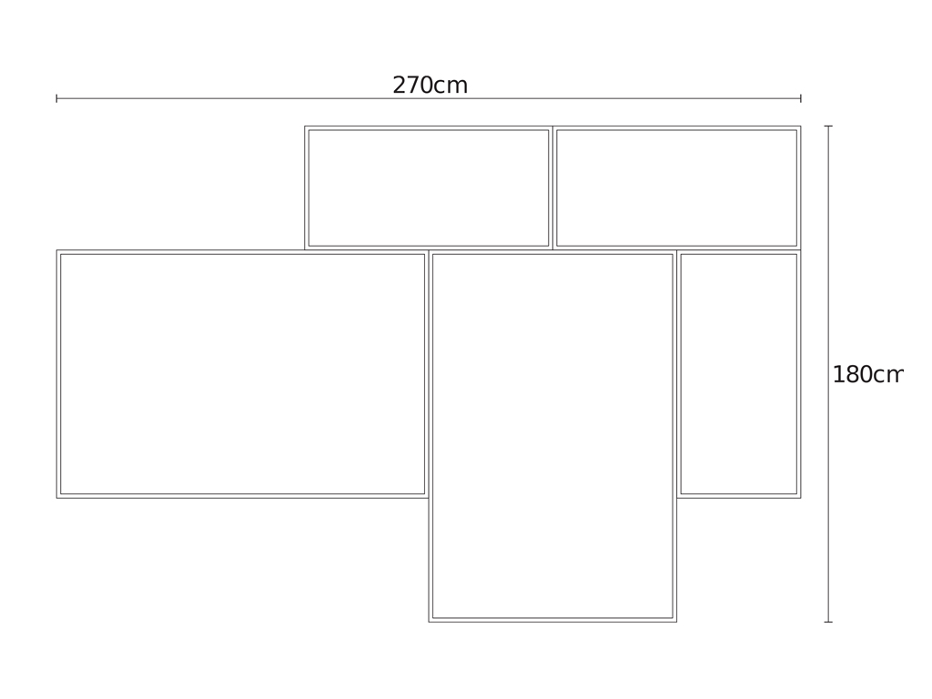 Eine schematische Strichzeichnung eines modularen Outdoor-Sofas, das aus fünf rechteckigen Elementen in einer T-Form besteht. Die Gesamtmaße sind mit 270 cm Breite und 180 cm Tiefe angegeben.