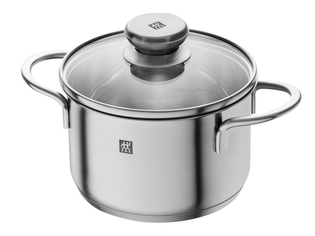 Großer Edelstahl-Kochtopf von Zwilling mit Glasdeckel und ergonomischen Seitengriffen. Ideal zum Kochen größerer Mengen von Suppen, Nudeln oder Eintöpfen.