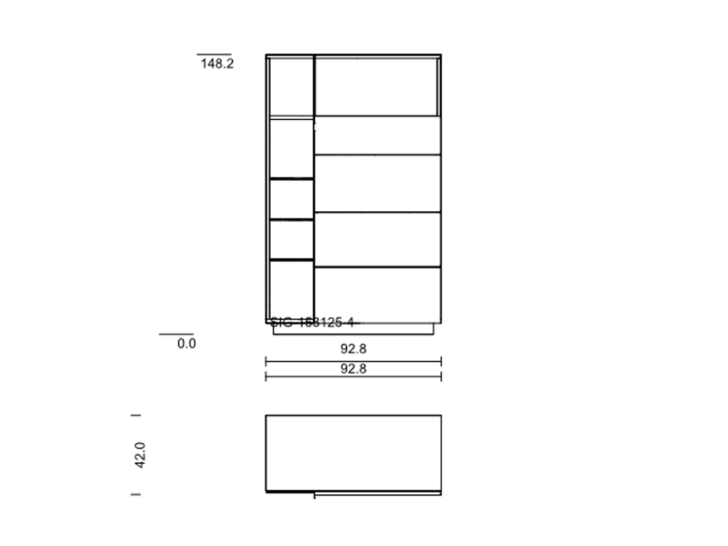 Detailierte Zeichnung eines Regals mit den Maßen 148,2 cm Höhe, 92,8 cm Breite und 42 cm Tiefe, inklusive Fächeranordnung