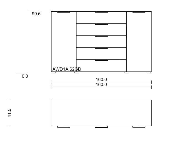Maßzeichnung einer Kommode mit 5 Schubladen und zwei Türen vor weißem Hintergrund