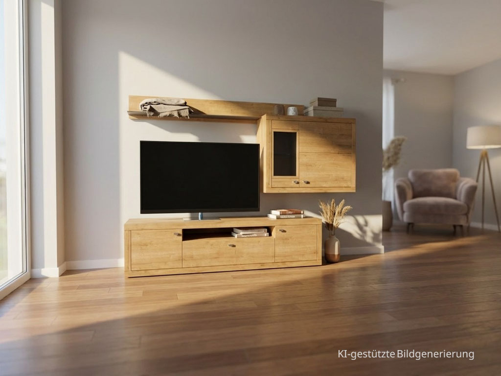 moderne braune Wohnwand stilvoll dekoriert in einem hellen Raum, Bild KI generiert