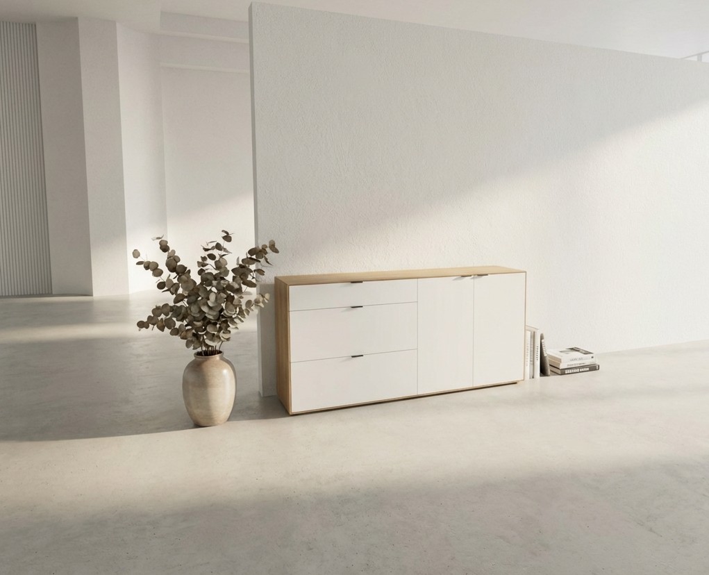 modernes weiß braunes Sideboards stilvoll dekoriert in einem hellen Zimmer