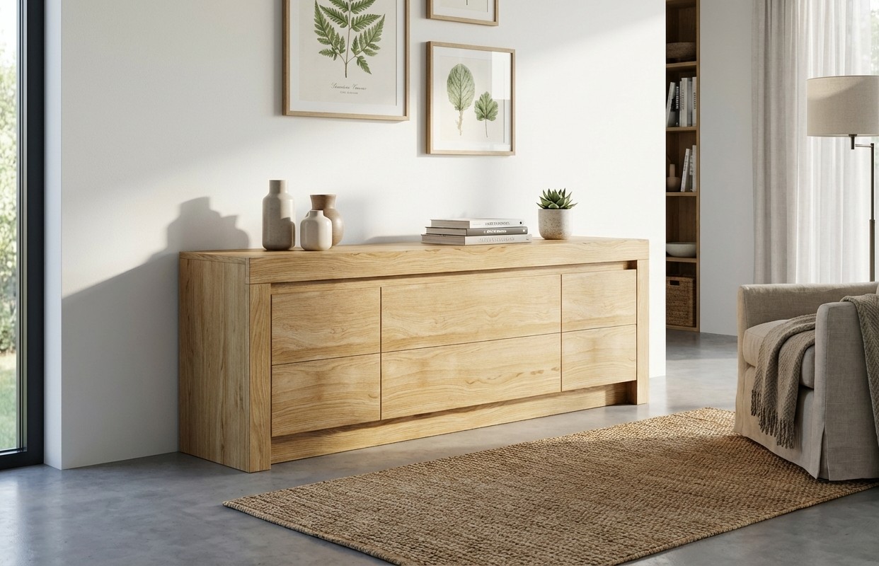 braunes Lowboard stilvoll dekoriert in einem modernen Zimmer