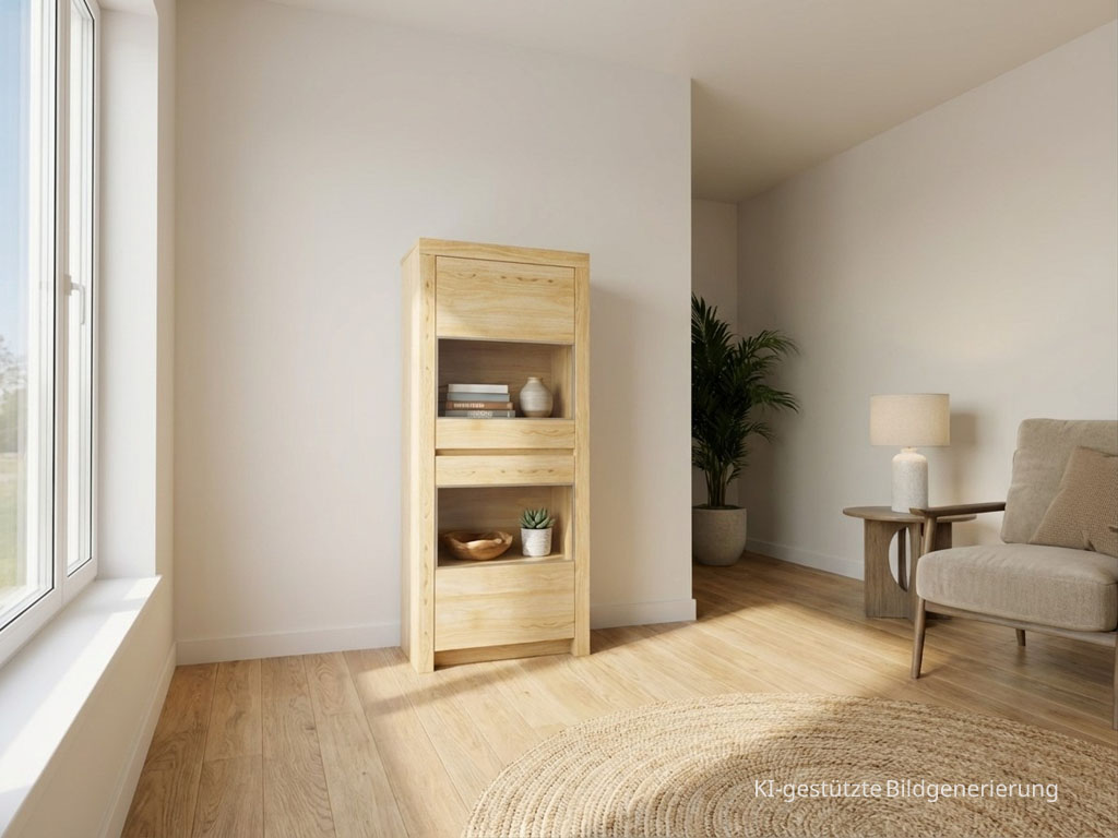 moderne braune Holzvitrine stilvoll dekoriert in einem hellen Raum, Bild KI generiert