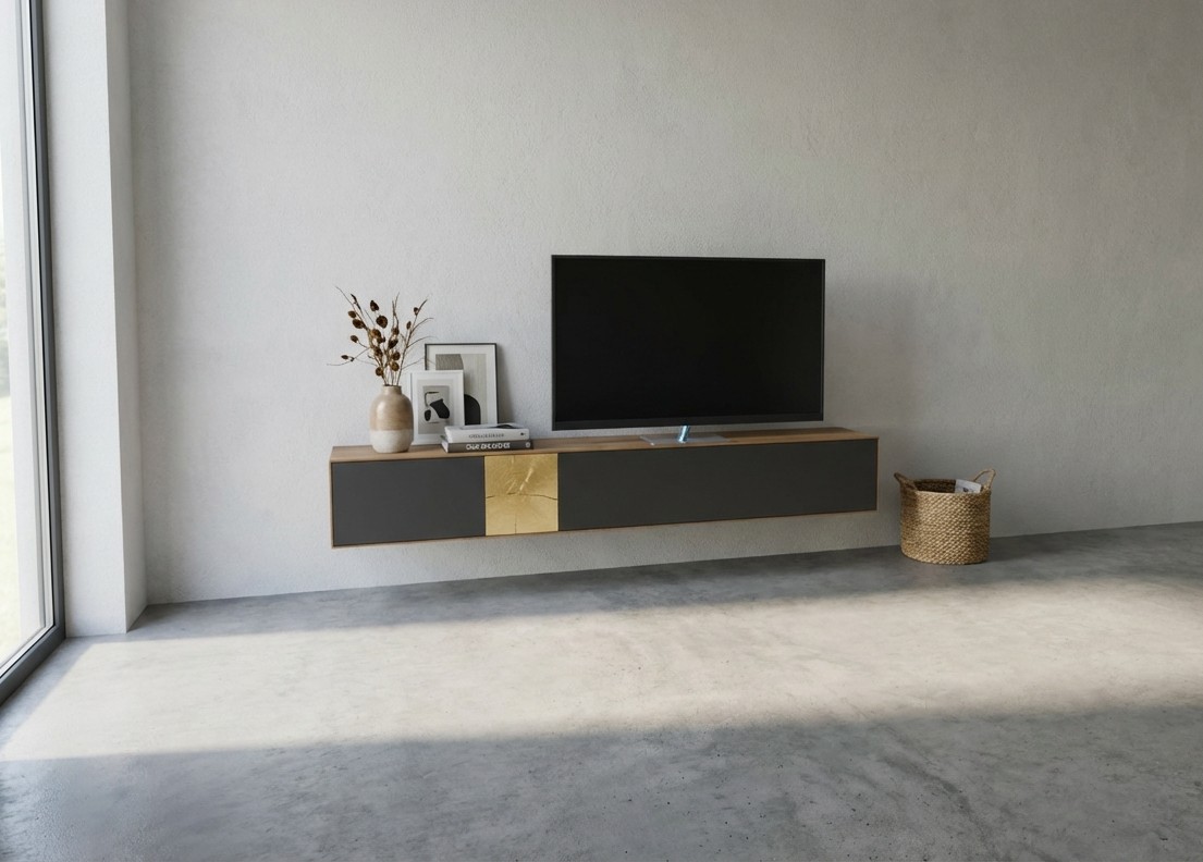 modernes braun graues Lowboard stilvoll dekoriert in einem modernen Zimmer