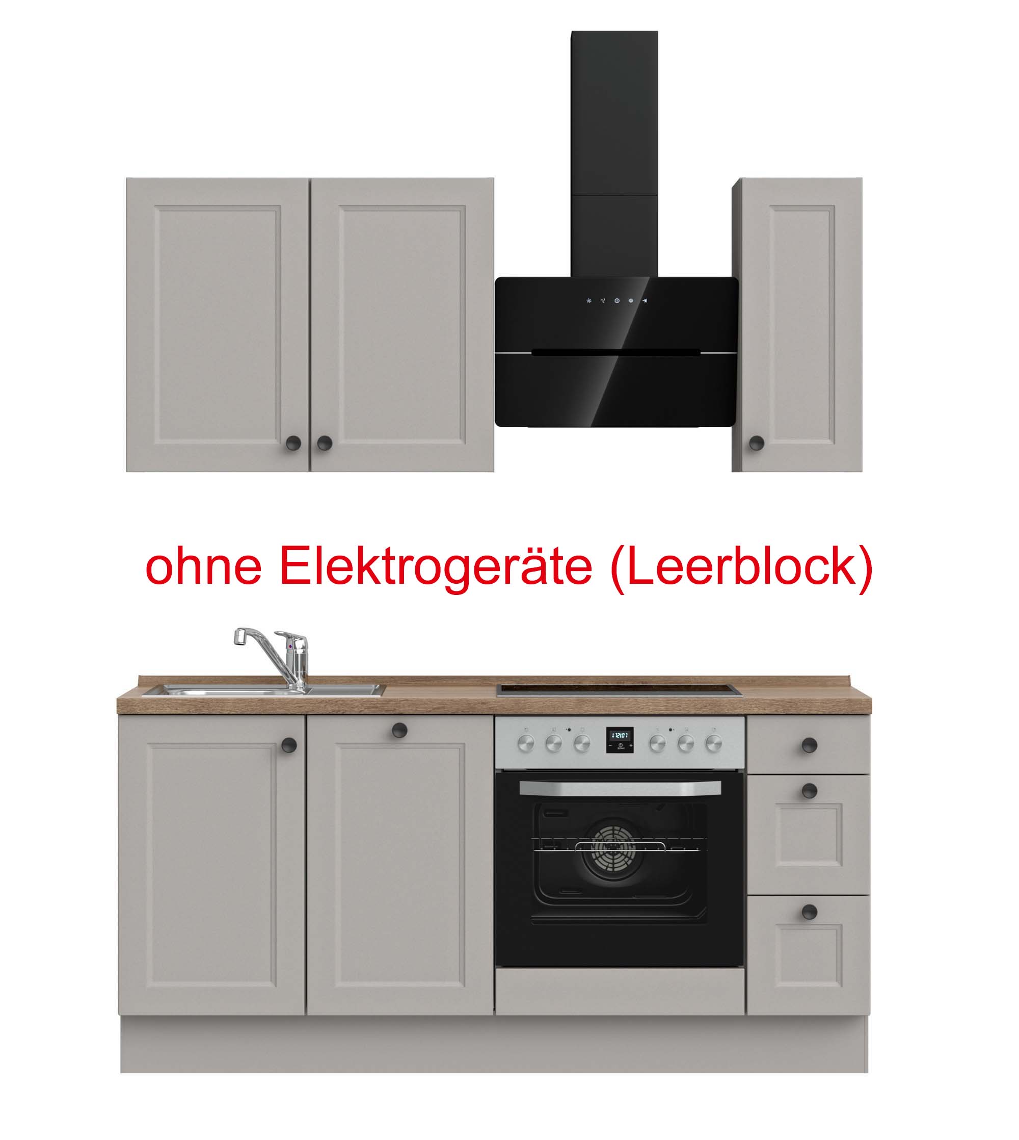küchenzeile grau, braun mit Backofen, Herd, Dunstabzugshaube, Waschbecken, Armatur mit Hinweistext ohne Elektrogeräte (Leerblock) nobilia cascada
