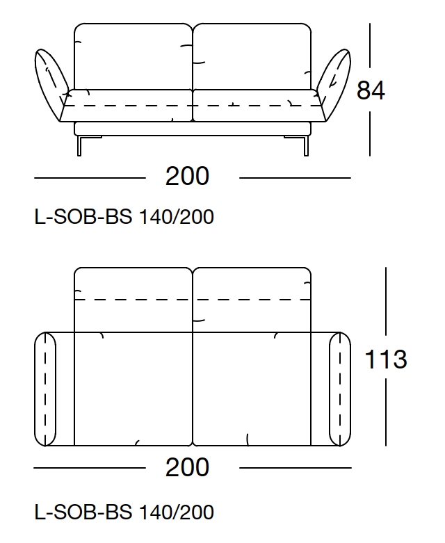 Maßzeichnung eines Sofaelements vor weißem Hintergrund freistil Rolf Benz 140