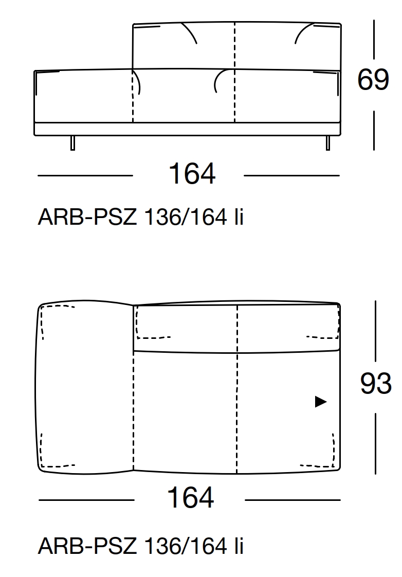 Maßzeichnung eines Sofaelements vor weißem Hintergrund freistil Rolf Benz 136