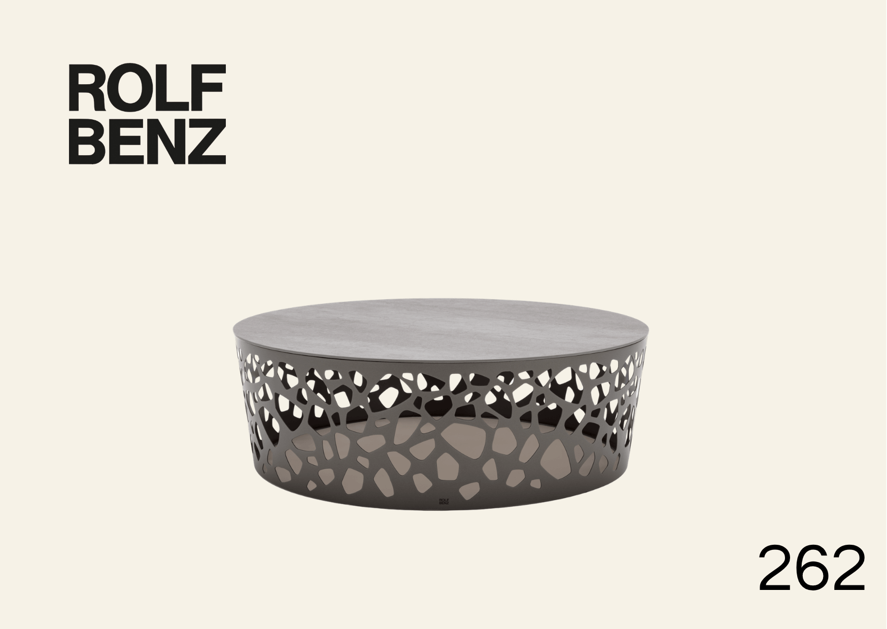 Metalltisch mit Mosaikmuster im Gestell. Aufschrift Bild: Rolf Benz 262