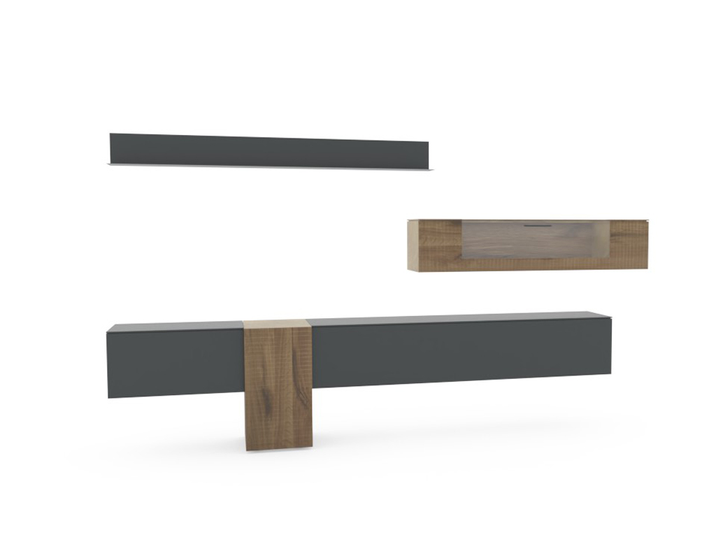 hartmann Vara - Wohnwand | Kombi Nr. 20A | B: 332 cm Stilvolles Wandregal-Set in Grau mit Holzakzenten bestehend aus drei Teilen