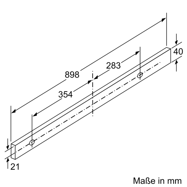 Technische Zeichnung eines Metallprofils mit Abmessungen: Länge 898 mm, Breite 40 mm, Höhe 21 mm, Bohrungen bei 354 mm und 283 mm