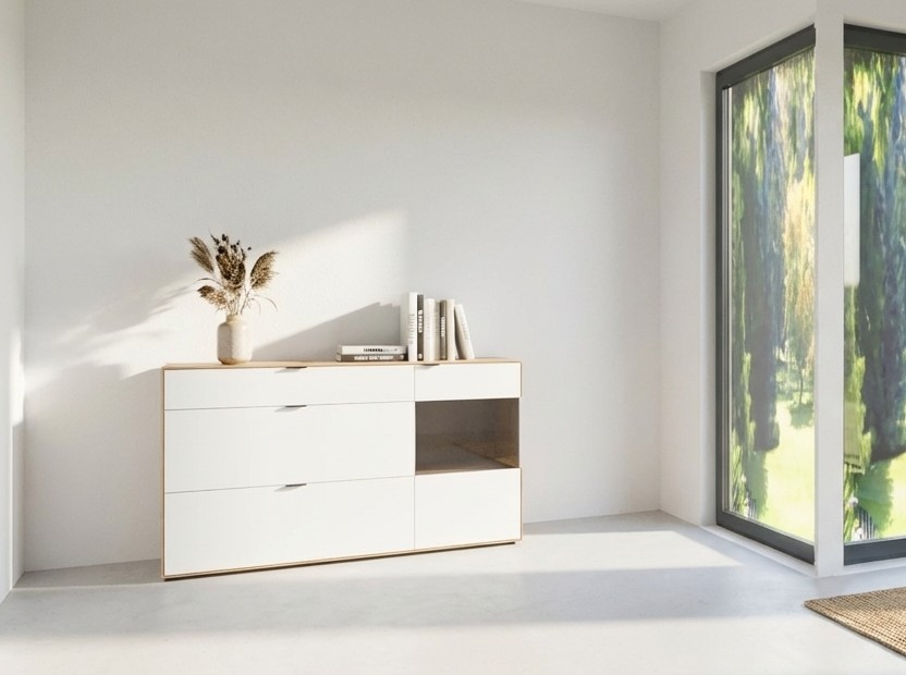 modernes weiß braunes Sideboards stilvoll dekoriert in einem hellen Zimmer
