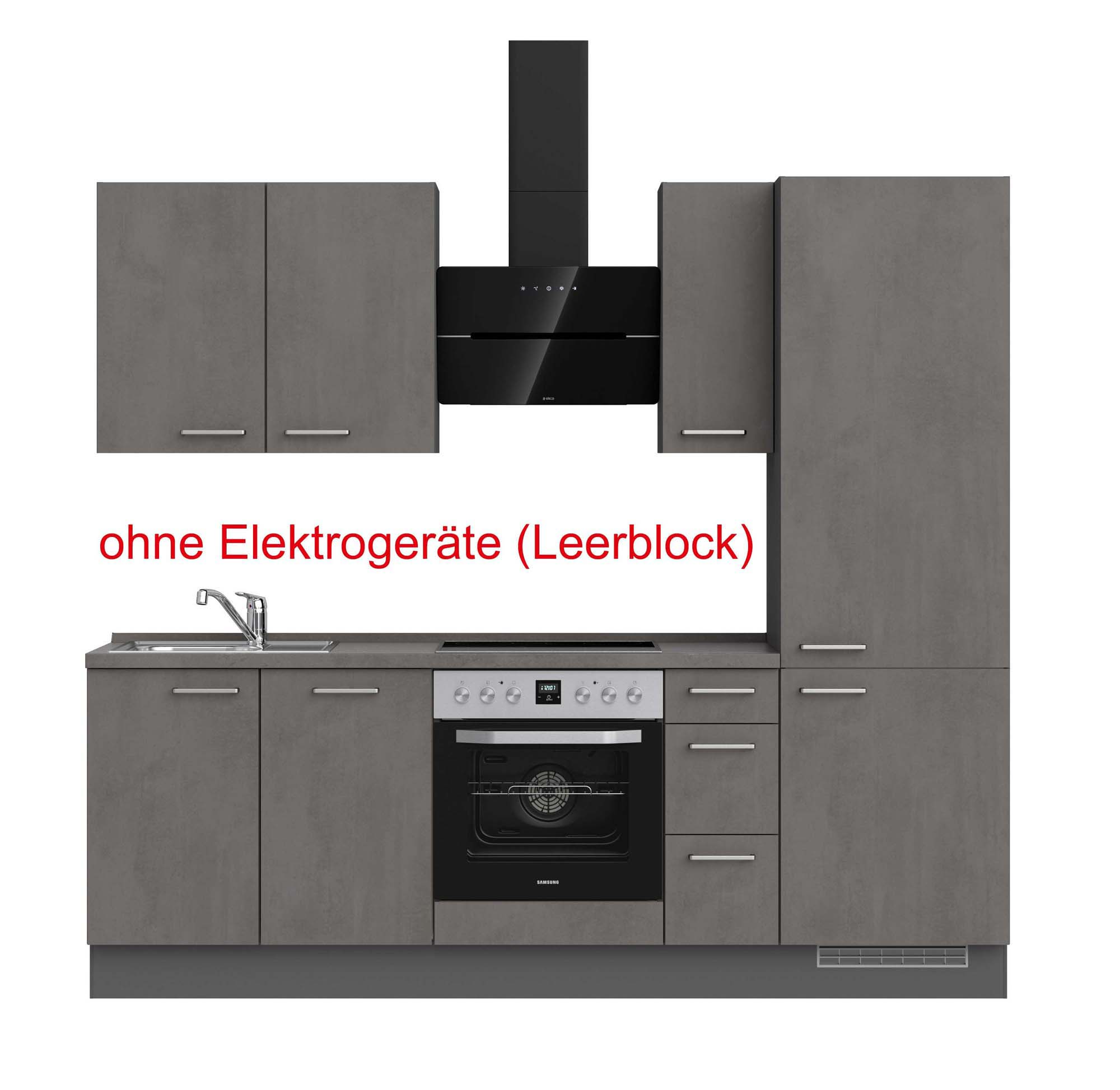 küchenzeile grau mit Backofen, Herd, Dunstabzugshaube, Waschbecken, Armatur mit Hinweistext ohne Elektrogeräte (Leerblock) nobilia riva