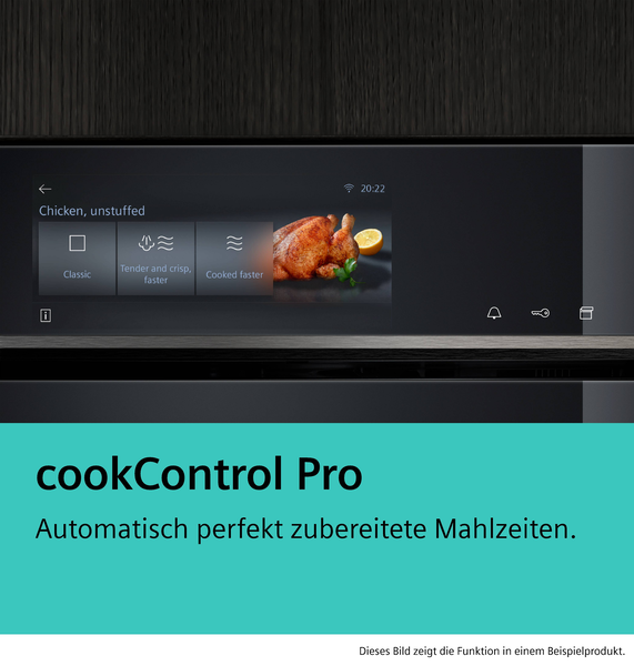 nsicht der cookControl Pro Funktion auf dem Display, die automatische Programme für perfekt zubereitete Mahlzeiten wie Brathähnchen bietet.