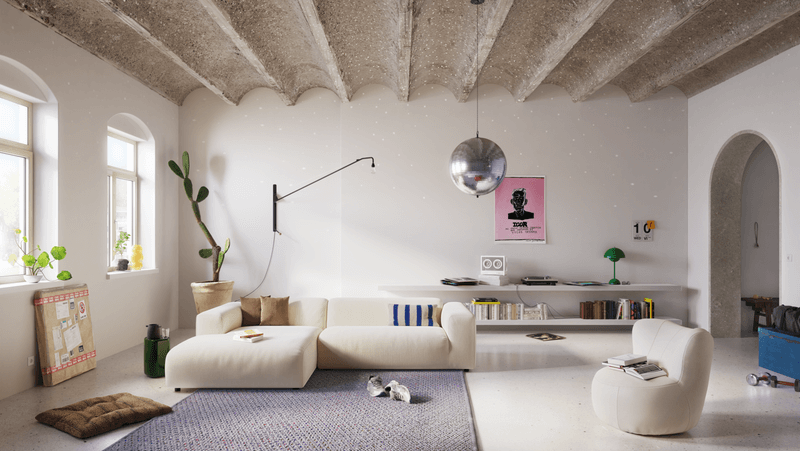 helles cordsofa und beiger sessel im modernen landhaus zimmer mit discokugel 